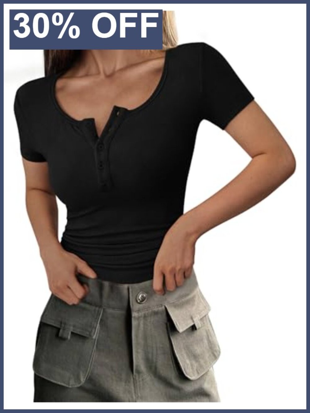 Women's Summer Henley Tee Ribbed Knit Short Sleeve Slim Fit Casual Top